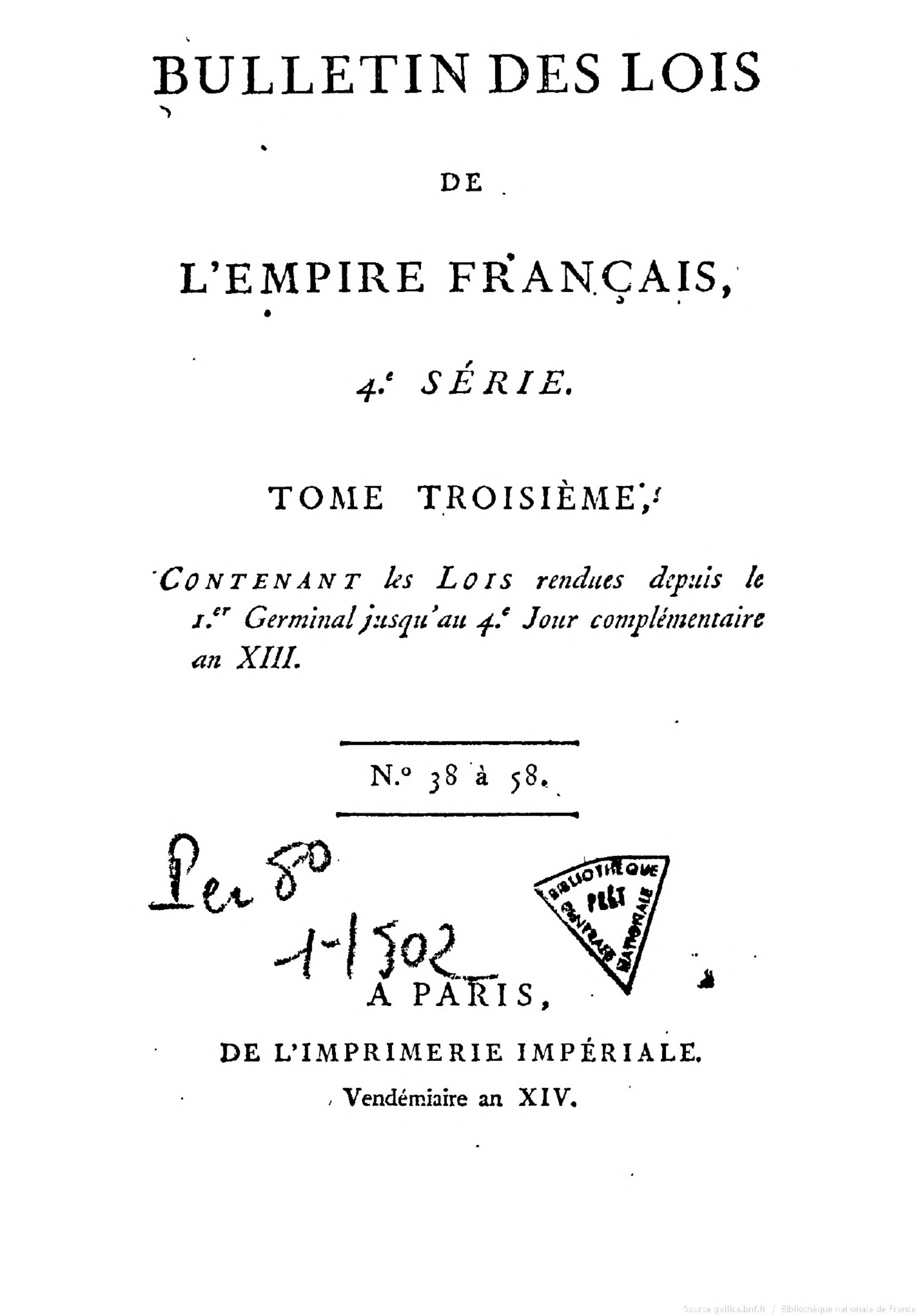 Bulletin des lois de la République française, 1805