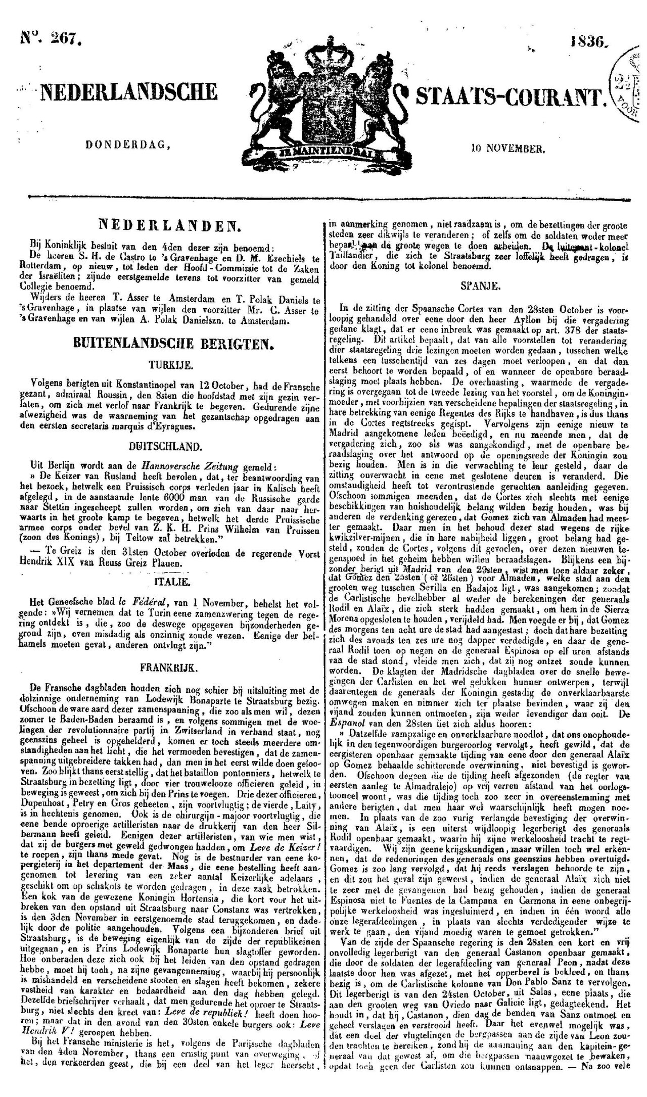Nederlandsche Staatscourant: colección documental del año 1823