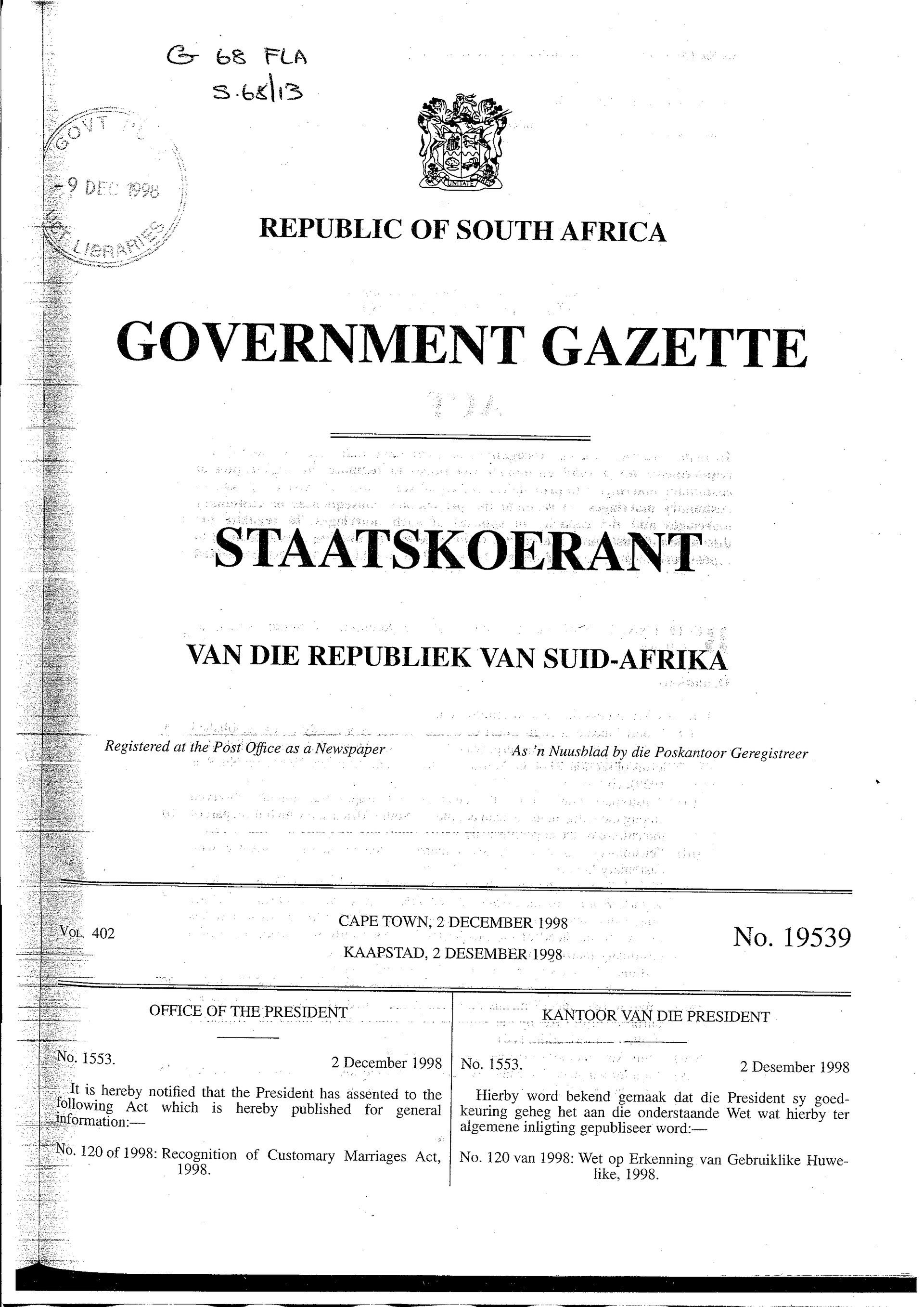 South African Government Gazette: colección documental del año 1929