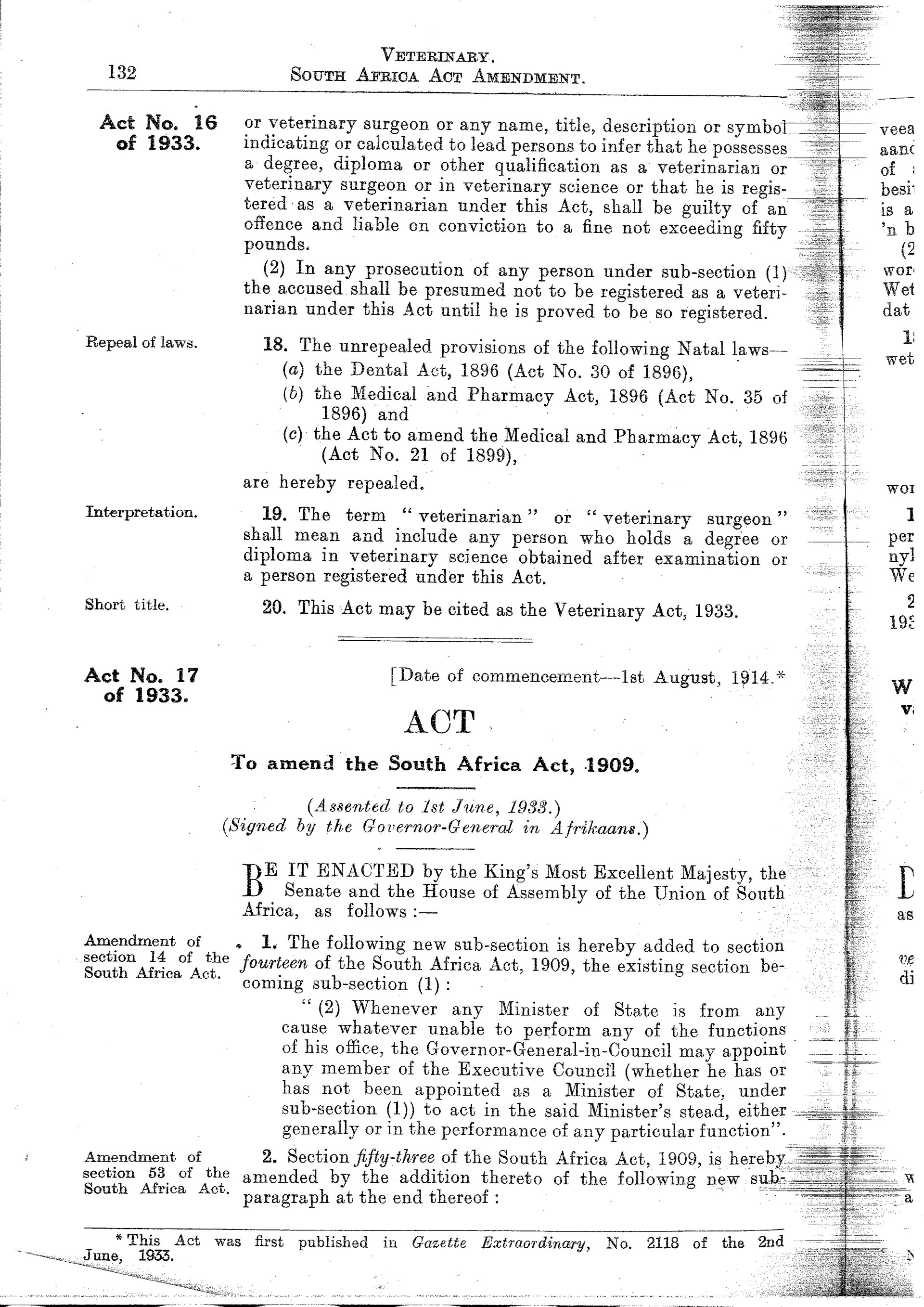 South African Government Gazette: colección documental del año 1933