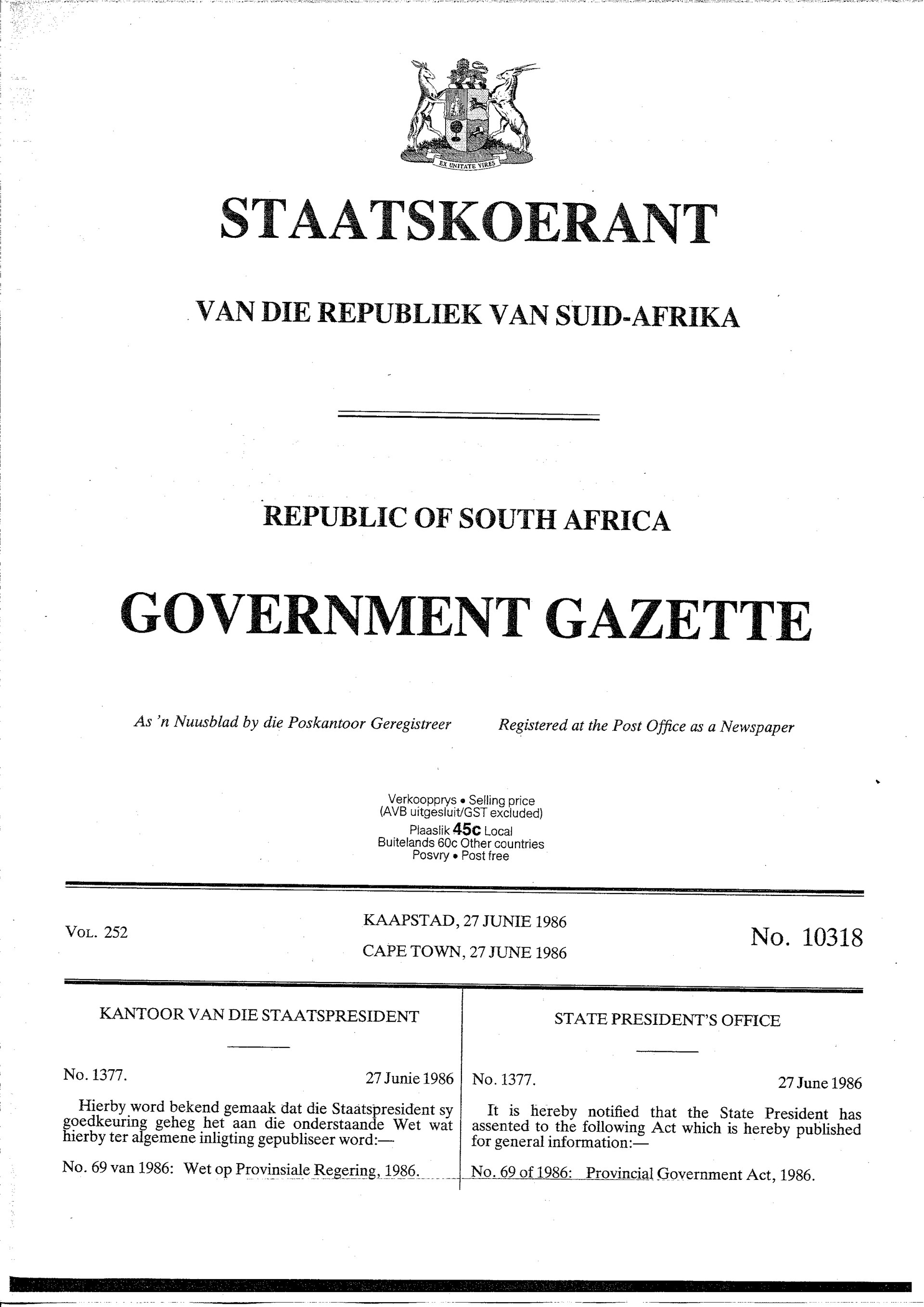 South African Government Gazette: colección documental del año 1947