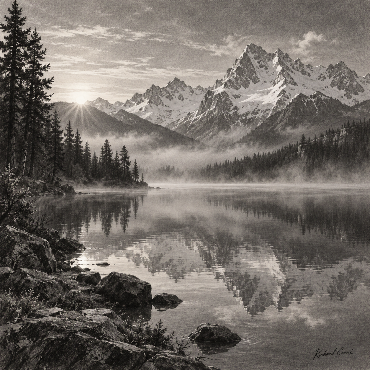 Lago alpino al amanecer
